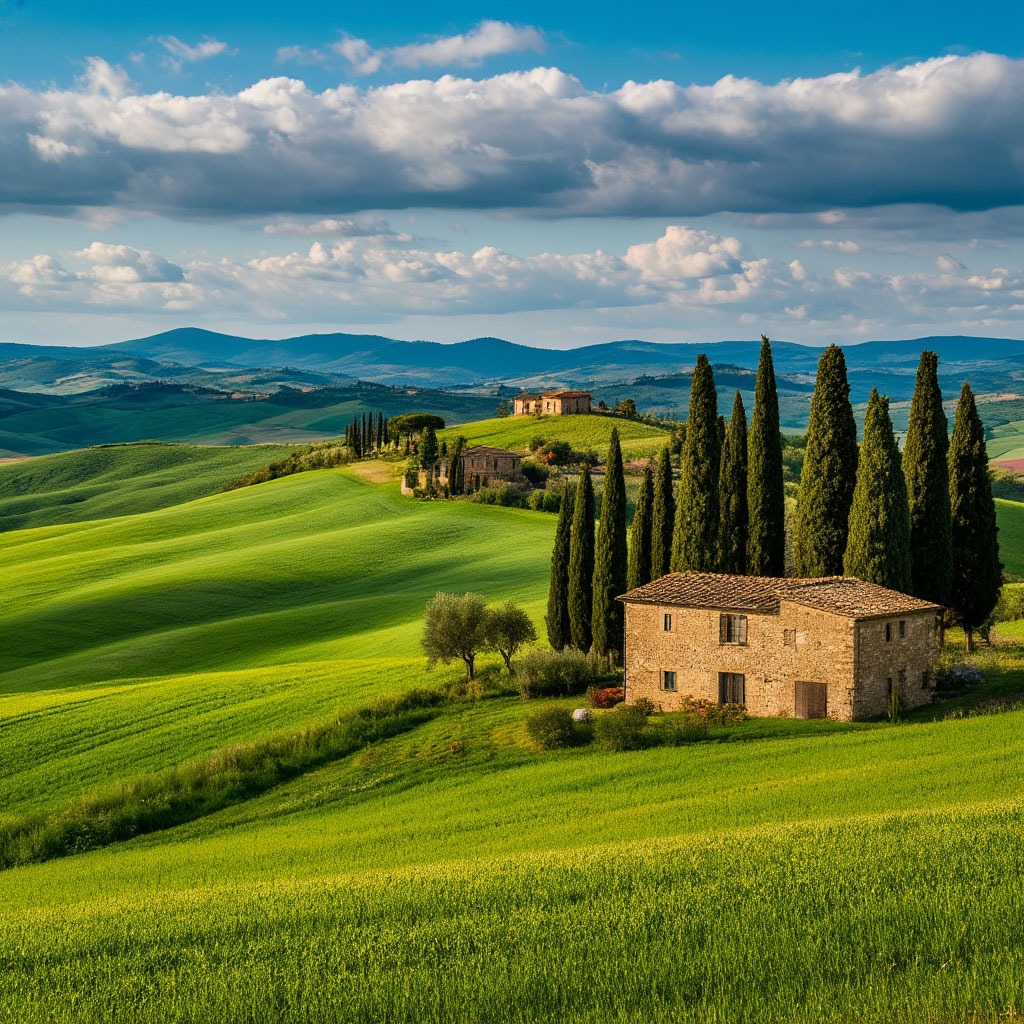 Rolling Tuscan hills with cypress trees and a stone farmhouse, Italy