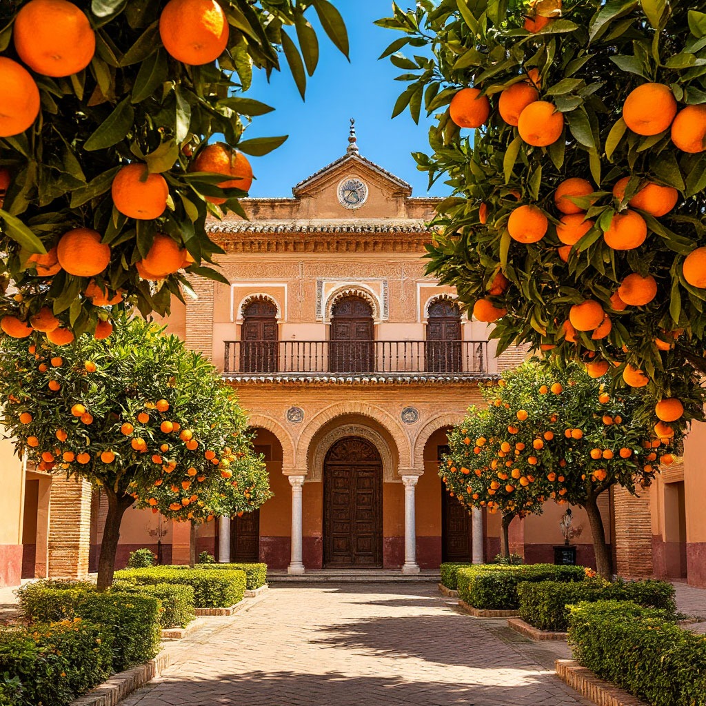 Moorish architecture and orange trees in Seville, Spain