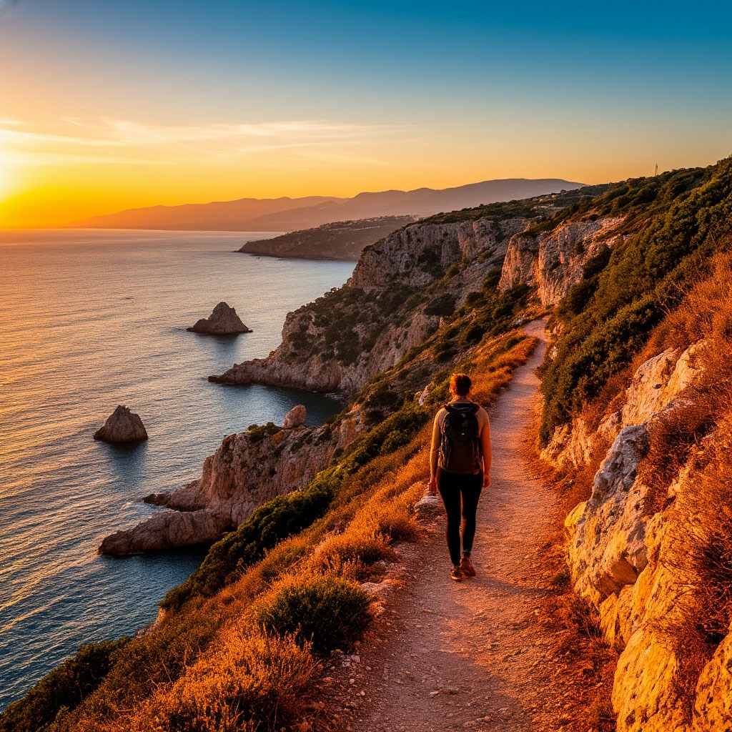 Traveller on a clifftop path overlooking the Mediterranean coast at golden hour