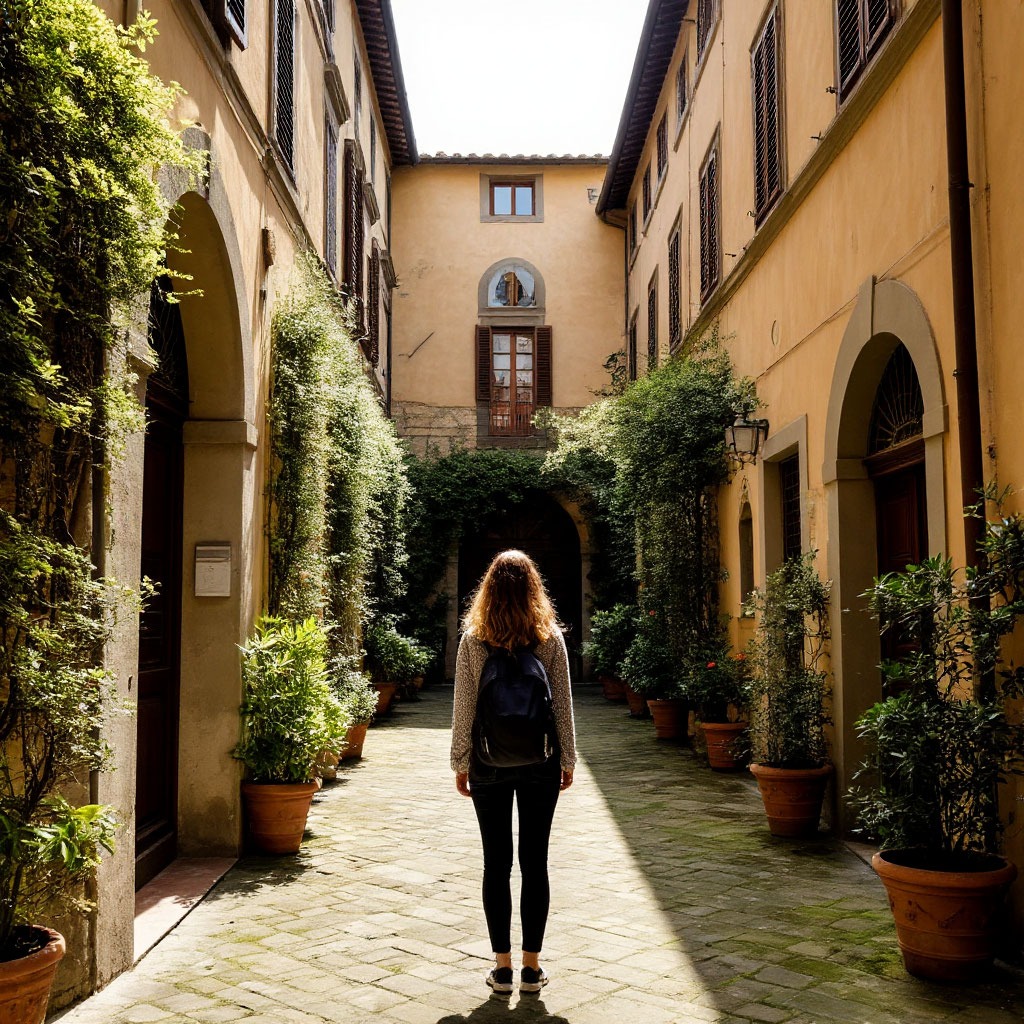 Traveller exploring a hidden courtyard in Florence, Italy