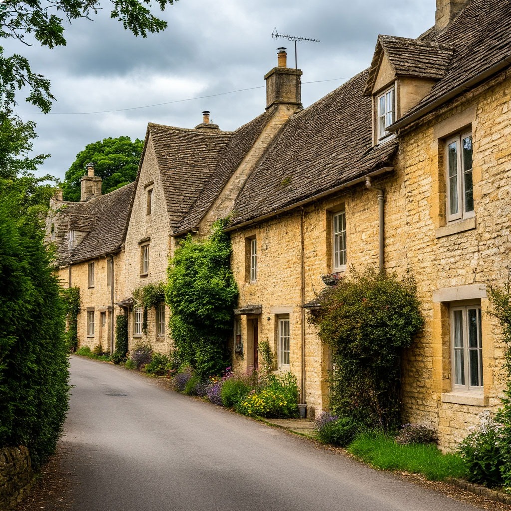 Stone village with honey-coloured cottages in the Cotswolds, England