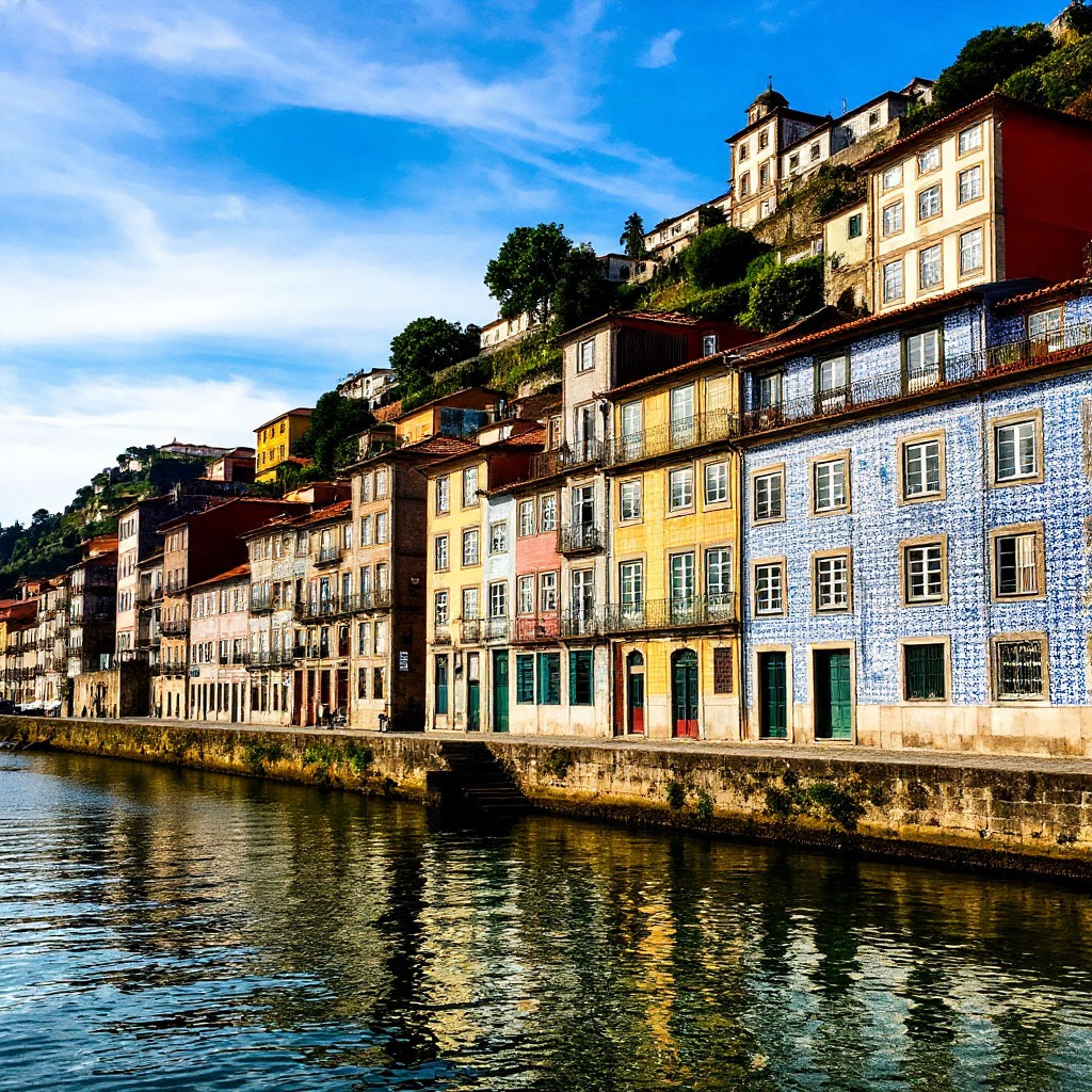 Colourful tiled buildings along the Douro river in Porto, Portugal