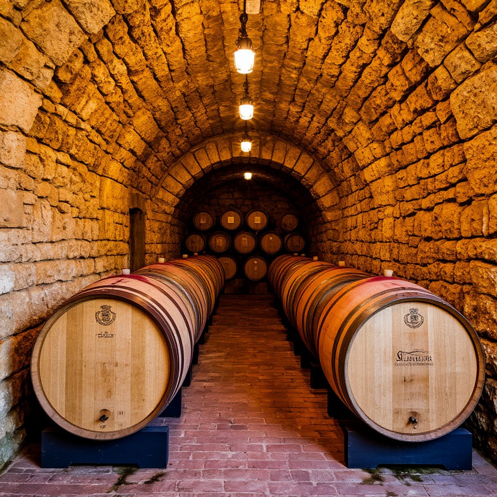 Stone wine cellar in Burgundy France with barrels