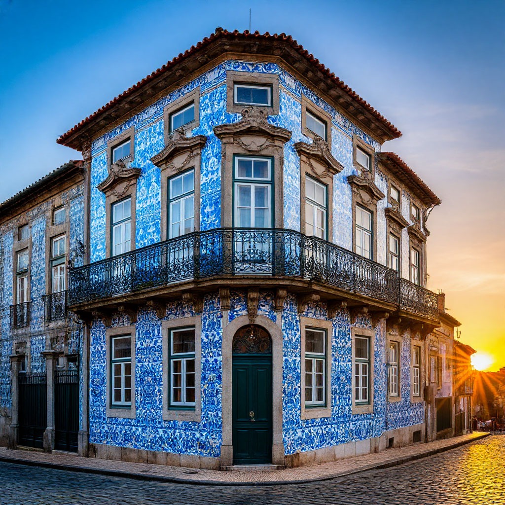 Azulejo tiled facade in Porto, Portugal at sunrise
