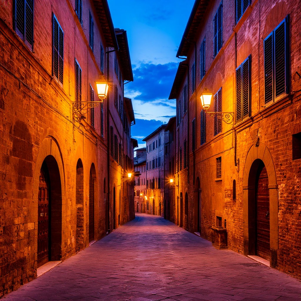 Medieval streets of Siena at dusk, Tuscany Italy