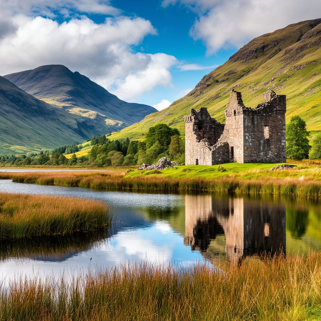 Highland landscape with loch and castle ruins, Scotland